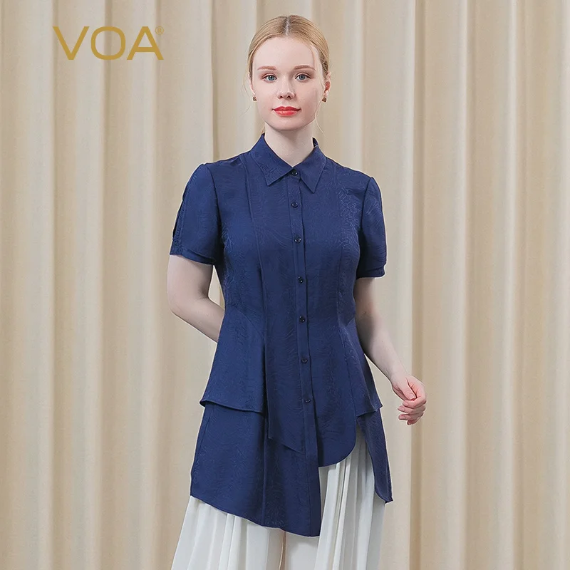 

VOA Silk Dark Jacquard Navy POLO Collar Short Sleeve Asymmetric Three-dimensional Decoration Single-breasted OL Wind Shirt BE601