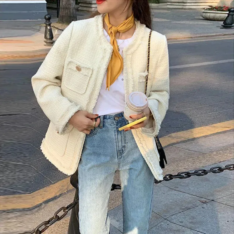 

Женская твидовая куртка с бахромой, маленькая элегантная Свободная куртка с длинным рукавом, уличная винтажная верхняя одежда в Корейском ...