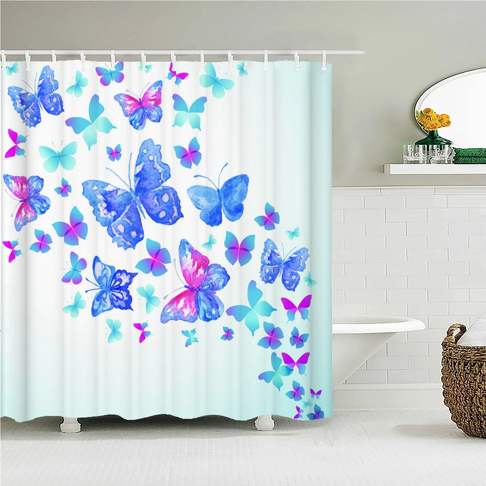 

Beautiful Butterfly 3d Shower Curtains With Hooks Waterproof Fabric Flowers Printed Bathroom Curtain 180X180 Bathtub Screen