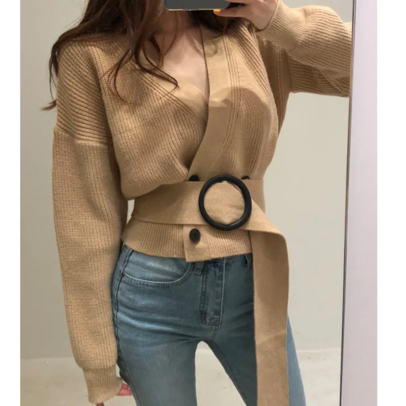

korean women chic knitted short sweater coat for women long sleeve double-breasted knitting jumpers women autumn winter top