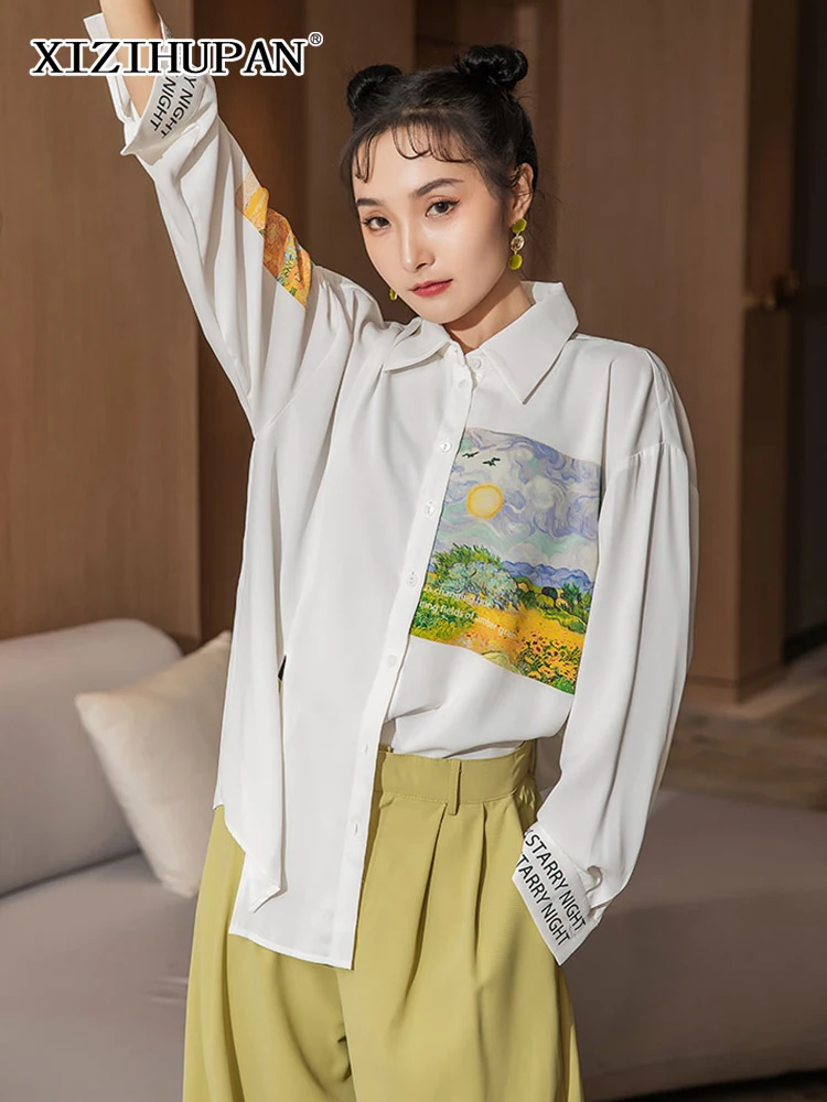 

Милая рубашка XIZIHUPAN с цветочным принтом для женщин, с отворотом и длинным рукавом, корейская мода, свободная женская блузка с цветными блока...