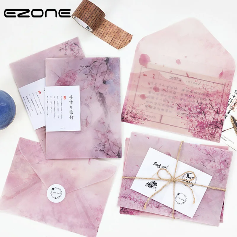 EZONE 1 комплект, бумага с надписью+ конверт, набор сакуры, овощной конверт из пищевого пергамента, подарок на День Благодарения, девочка любит канцелярские товары
