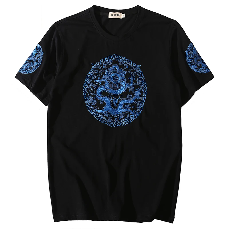 

Summer New Men Short-Sleeved T-Shirt Chinese Style National Tide Vintage Casual Fashion Blue Round Dragon Embroidery Tops Tees