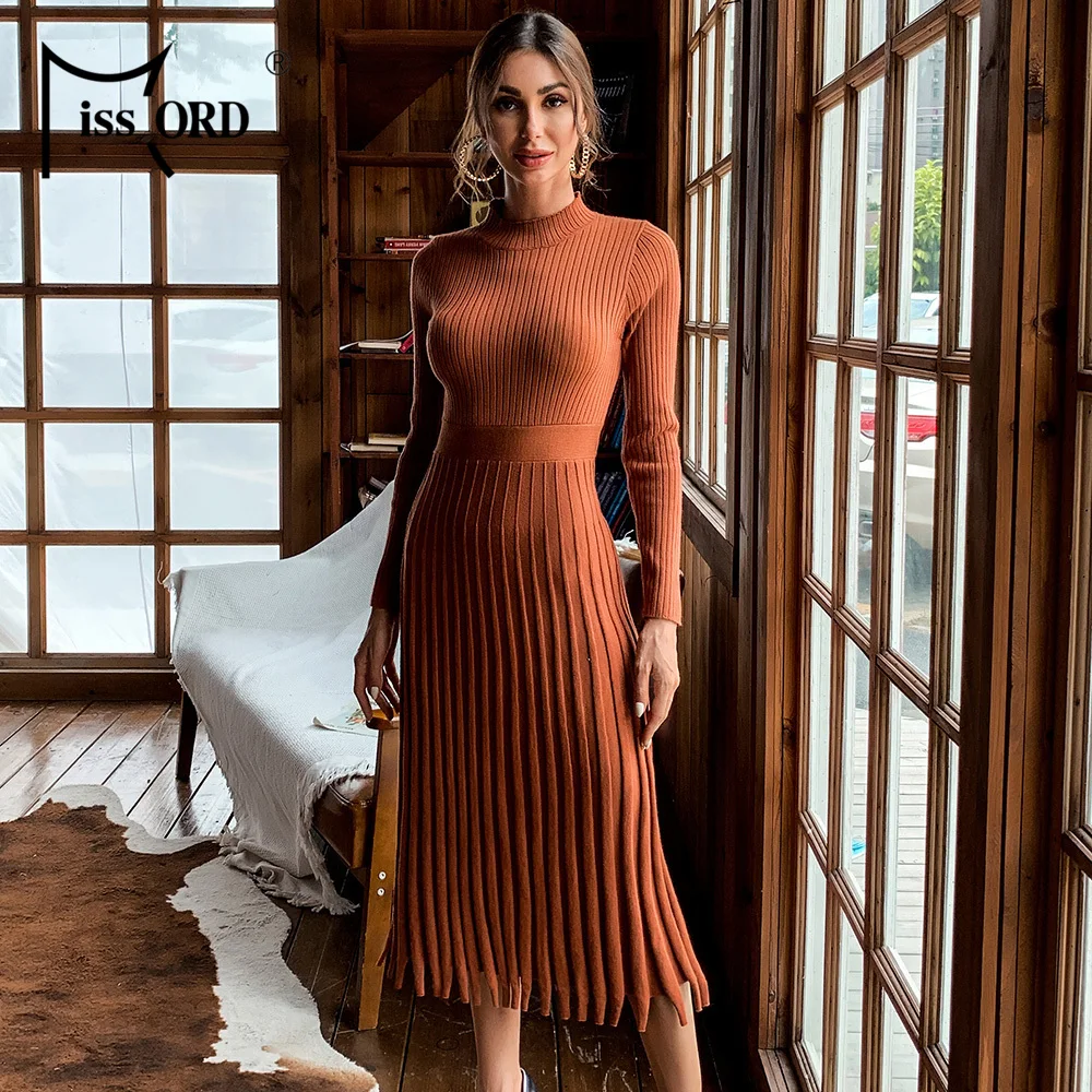

Missord Female High Neck Long Sleeve Sweater Dress Women Autumn Winter Solid Color Bodycon Midi Dress Party Dresses M0612-1