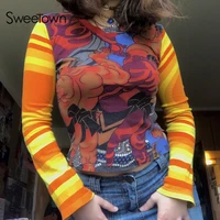 sweetown vintage cartoon printed new graphic t shirts women 2000s aesthetic kawaii clothes stripe patchwork v neck autumn tees