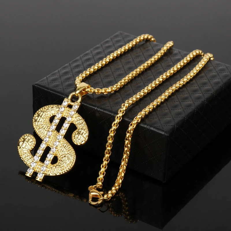 Rhinestone US Dollar Logo Shape Pendant Necklace Gold Color Metal Enamel Necklaces Summon Fortune Symbol Hiphop Jewelry images - 6