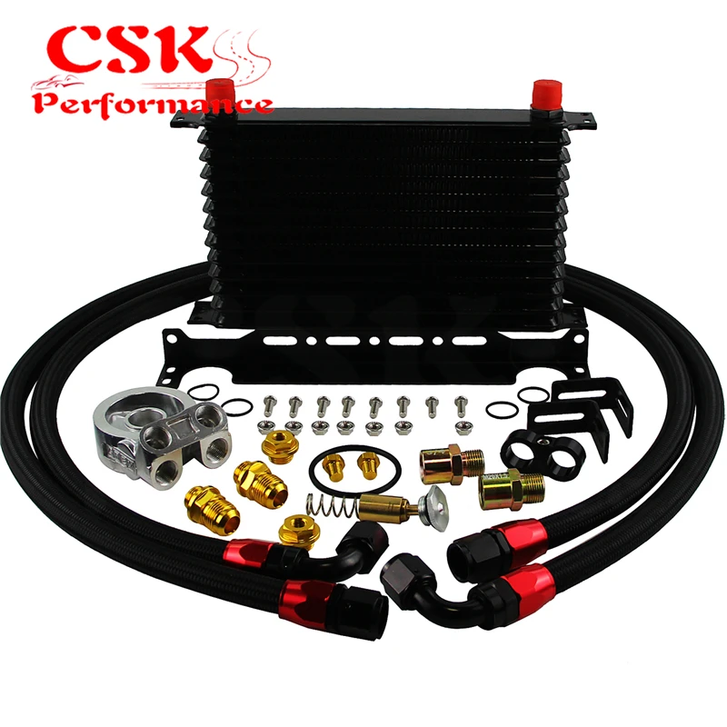 

13 Row Engine Trust Oil Cooler w/ Thermostat 80 Deg / 170 F Oil Filter Adapter Kit Blue/ Black