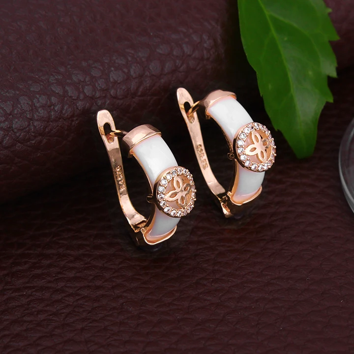 

Fashion Jewelry White And Ceramic Stud Stamp fine SOLID gold GF Earring Women Party New design Unique Copper Laboratory CZ