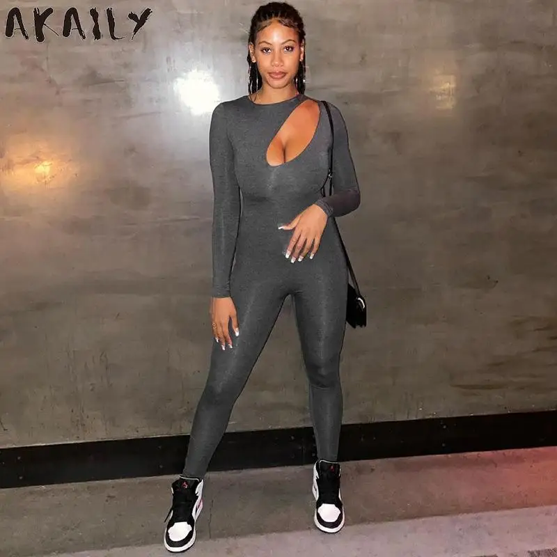 

Akaily Autumn Streetwear Solid Asymmetrical Hollow Out Bodycon Jumpsuit Women Grey Long Sleeve Casual Jumpsuit Female One Piece