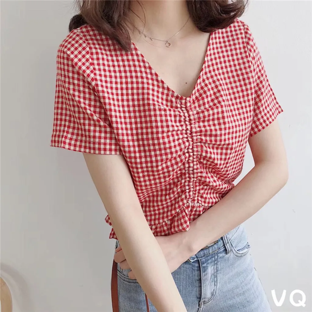 Модный сексуальный клетчатый топ на бретелях с оборками и v образным вырезом
