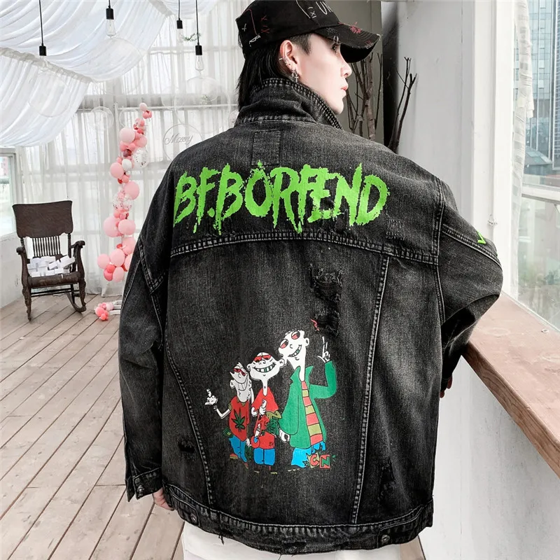 Джинсовая мужская уличная куртка с забавным принтом джинсовое пальто в стиле