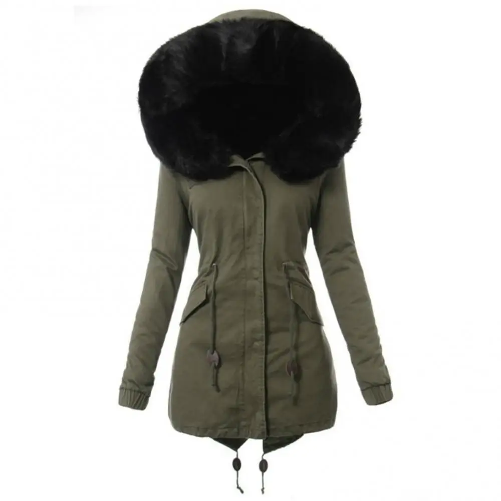 

2021 Ladies Winter Faux Fur Lining Hooded Long Sleeve Thicken Plus Cashmere Overcoat