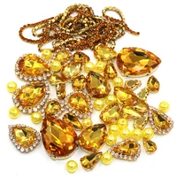 wedding decoration gold base golden yellow mixsize glass crystal stones pearl beads cup chain rim rhinestones sew on clothing