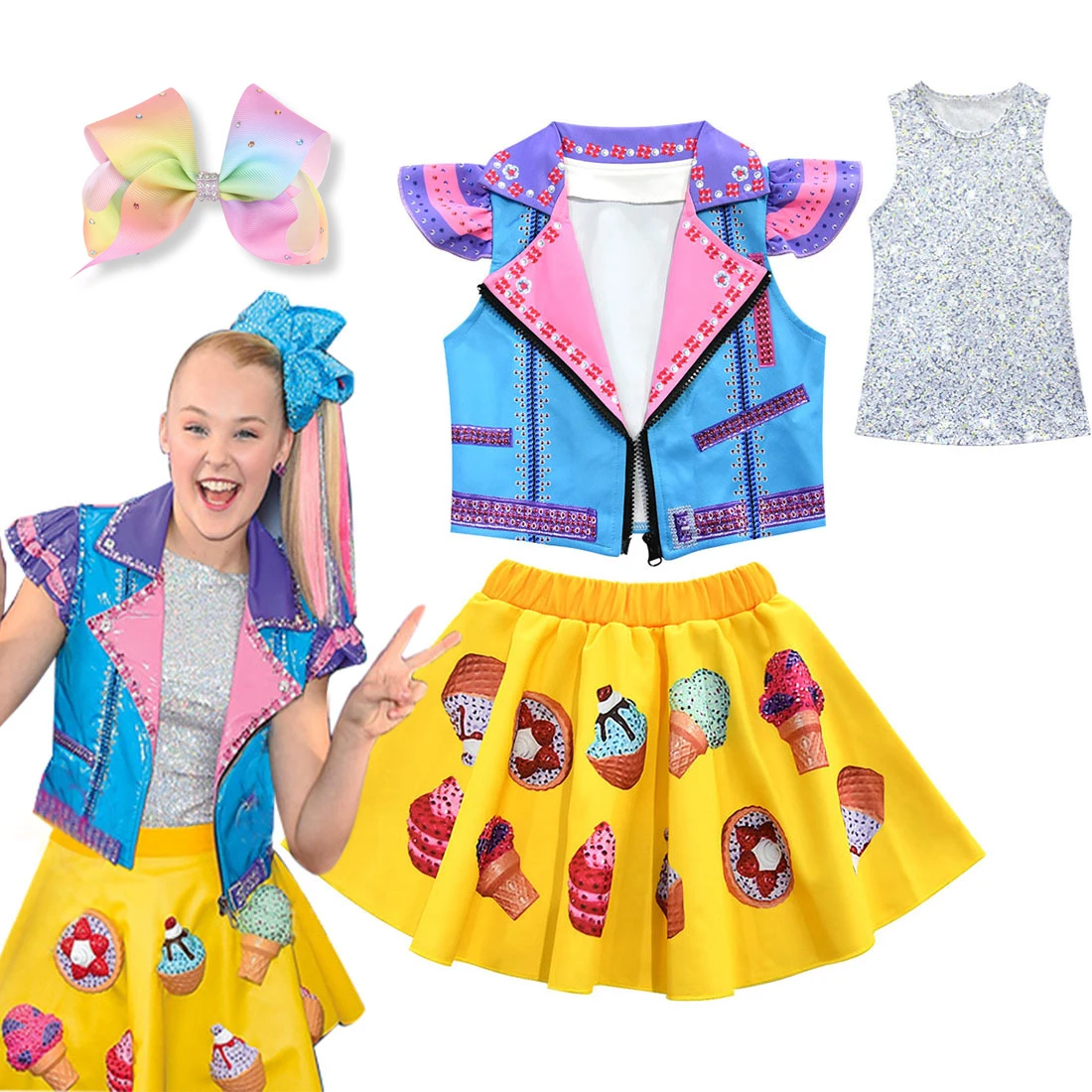 

2020 New JOJO Siwa Set Girls Full Sleeveless Jacket Vest Dress Hair Clip Girls Cosplay Costume Clothing Jojo Siwa Suit Clothes