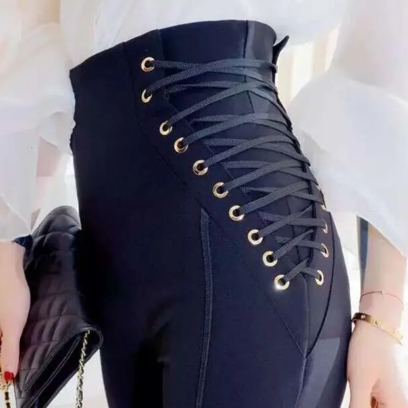 Топ весна новинка на шнуровке дизайн высокая талия брюки для женщин узкие Pantalones