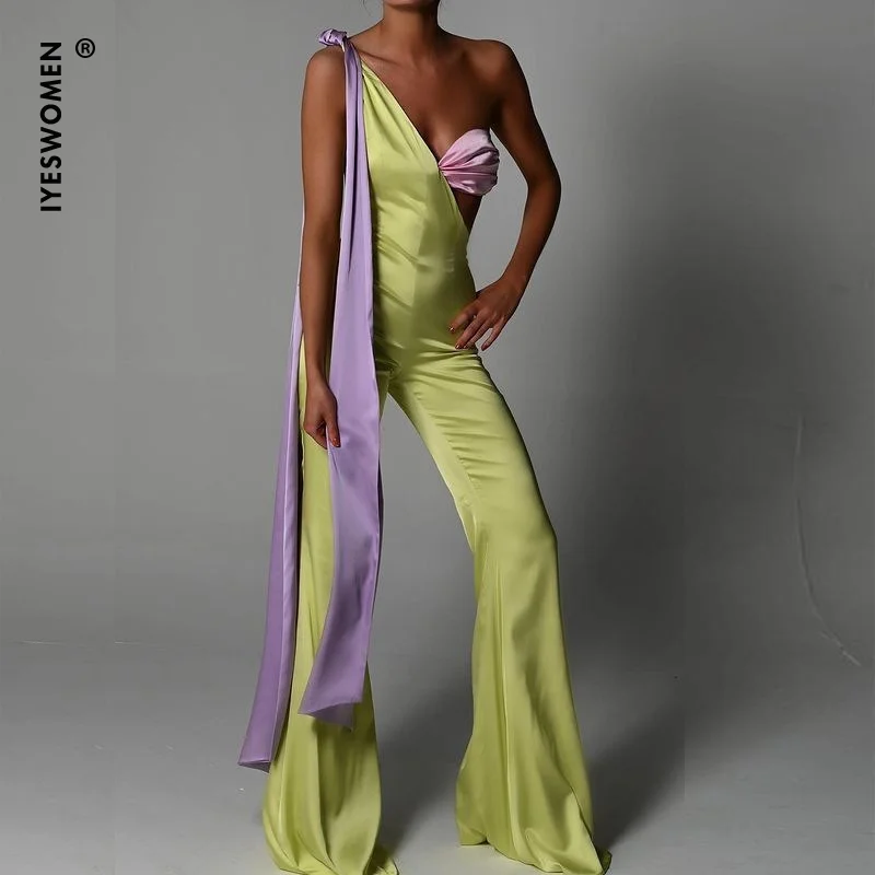

IYESWOMEN Contrast Color Patchwork Fashion One Shoulder Women Party Jumpsuits Sexy Satin Slim Wide Leg Jumpsuit Lady Rompers