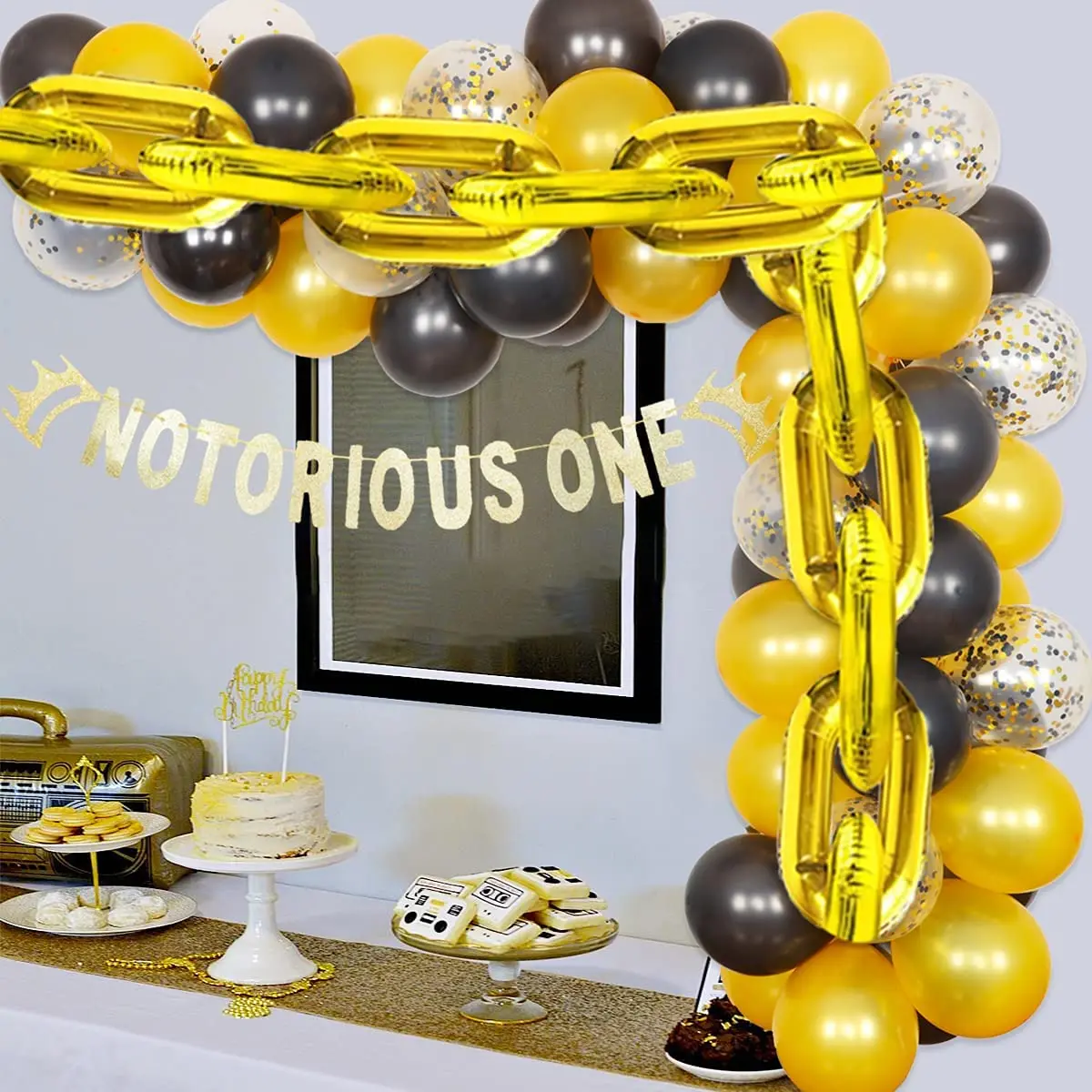 Decoraciones para el primer cumplea&ntilde;os del beb&eacute;, cartel de The Notorious One, cadena de oro negro, guirnalda de globos, Kit de arco para cumplea&ntilde;os de Hip Hop para ni&ntilde;o-0