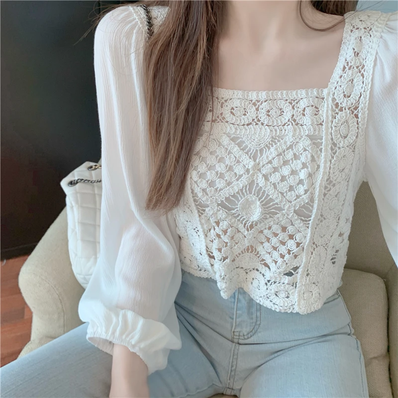 

2021 spring and summer French style hollow white lantern sleeve stitching crochet chiffon shirt women