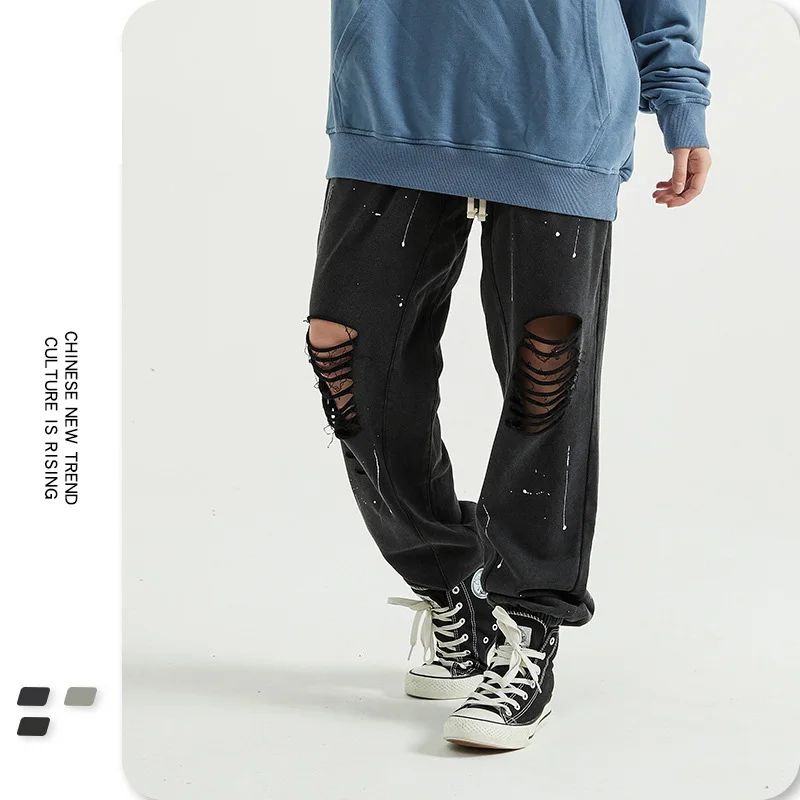 Крутые мужские брюки осень зима новый стиль колено отверстия брызги штаны с
