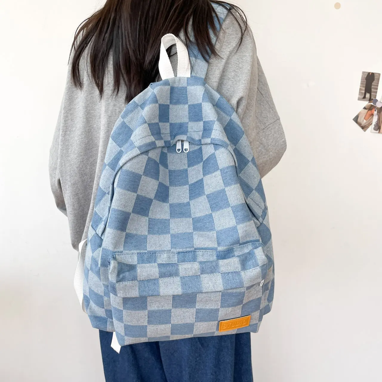 2021 Unisex Jean Plaid Laptop Backpack Travel Denim Daily Backpack High Capacity Casual Shoulders Bag Korean Style Schoolbags