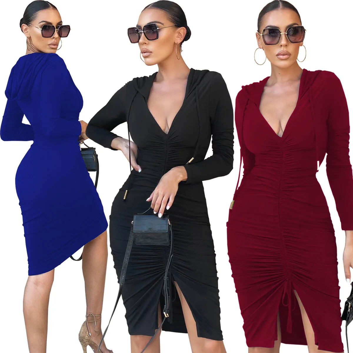 

2021 Autumn Fashion Sexy Deep V-neck Front Split with Binding Rope Retractable Middle Waist A-line Skirt Pullover Dress