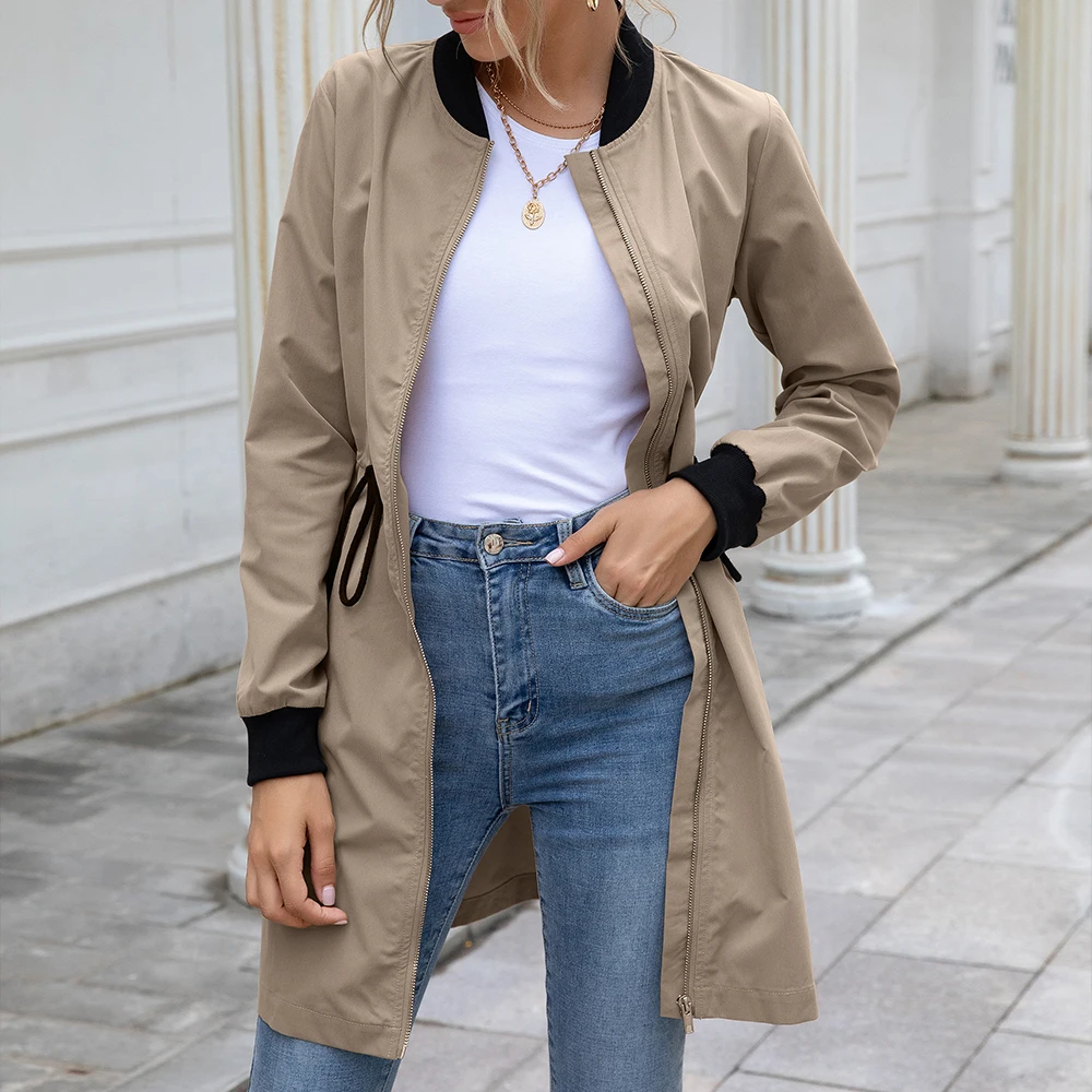 

Spring Autumn Women Outdoor Dust Coat Streetwear Slant Pocket Drawstring Waterproof Long Sleeve Mid-length Trench 2021 New