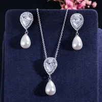 funmode white gold color pearl water drop small necklace earring pendientes wedding jewelry set for women wholesale fs159