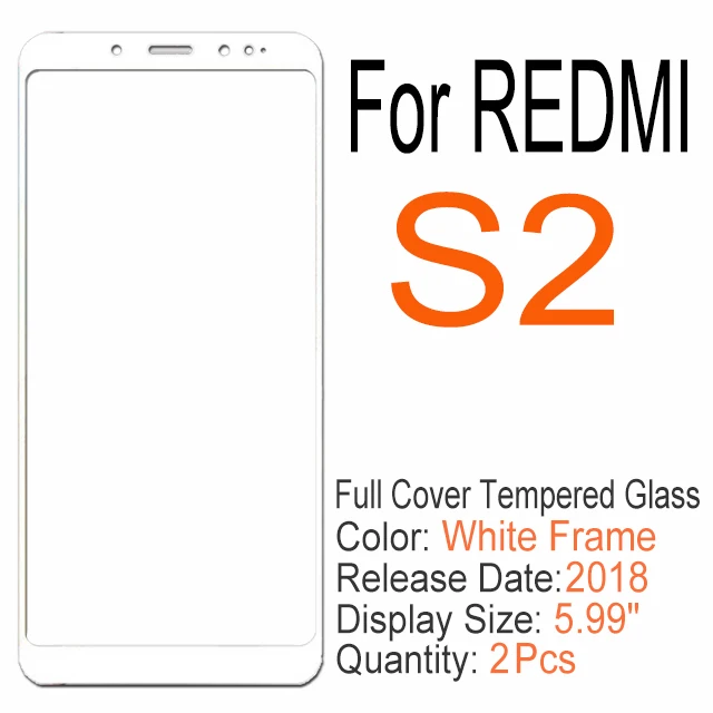 RedMi S2 White 2 шт полное покрытие из закаленного стекла для Xiaomi redmi 6 6A 7 7A K20 Note 6 7 Pro, Защитное стекло для экрана для redmi S2 GO Y3 - Цвет: RedMi S2 White