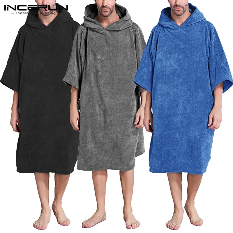 

INCERUN Men Bathrobes Solid Color Hooded Half Sleeve Leisure Towel Robes Comfortable Men's Homewear Nightgown Beach Robes Poncho
