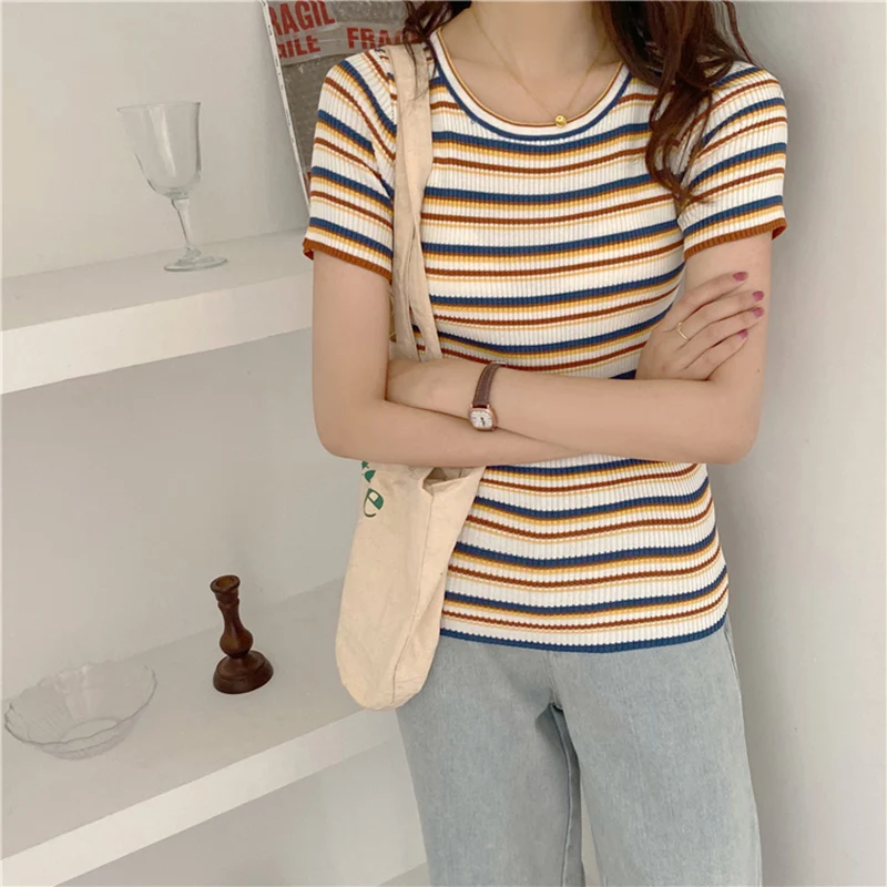 

New T Shirt Women Rainbow Striped Tops Slim Fit T Shirt Harajuku Summer T-shirt Short Sleeve Korean Tops Women Fashion Clothing