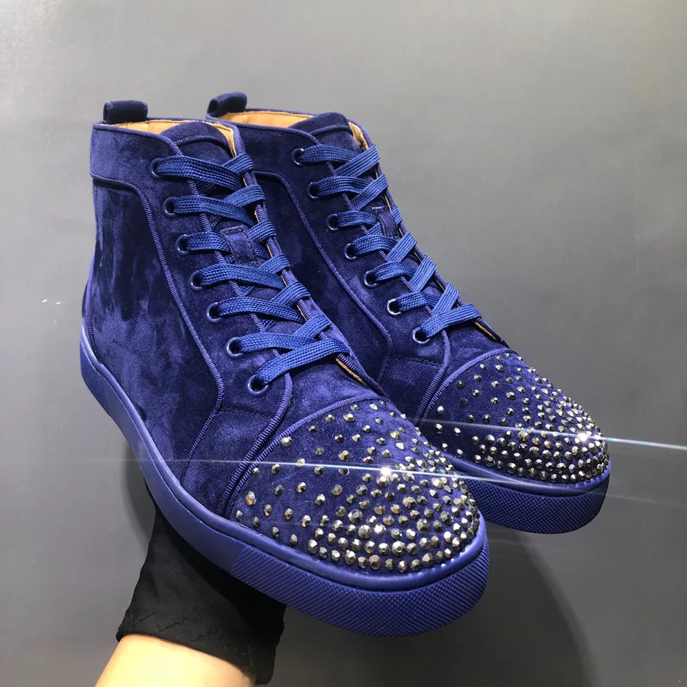 

High Top Red Bottom Men Shoes New Blue Genuine Leather Suede Toe Cap Rhinestones Luxury Ladie Flat Loafers Casual Shoes Sneakers