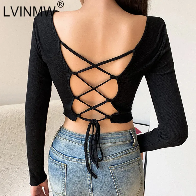 LVINMW сексуальный черный укороченный топ с круглым вырезом и длинным рукавом на