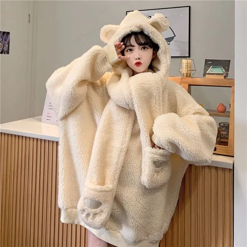 

Свитшоты с капюшоном Kawaii bear женская одежда осень-зима дизайн ощущение преппи стиль медведь уши шарф плотное пальто из овечьей шерсти тренд