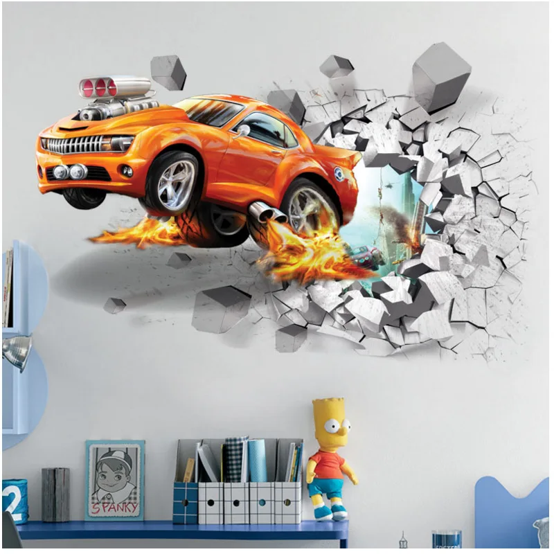 3D креативные наклейки на стену с автомобилем, обои для гоночного автомобиля, виниловая настенная наклейка на стену для мальчика, спальни, гостиной, домашнего декора