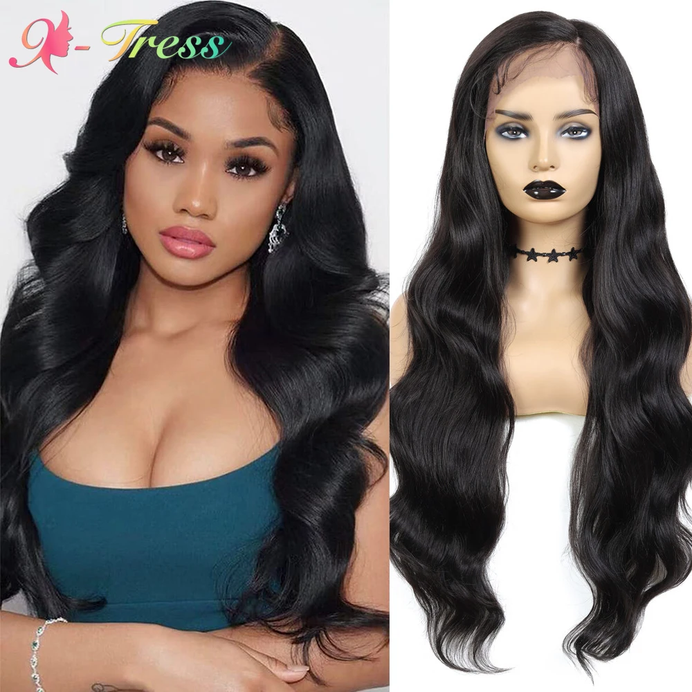 

X-TRESS 30 Inch Lace Front Synthetic Wigs for Black Women Long Body Wavy L Part Lace Wig with Natural Hairline Party Cosplay Wig