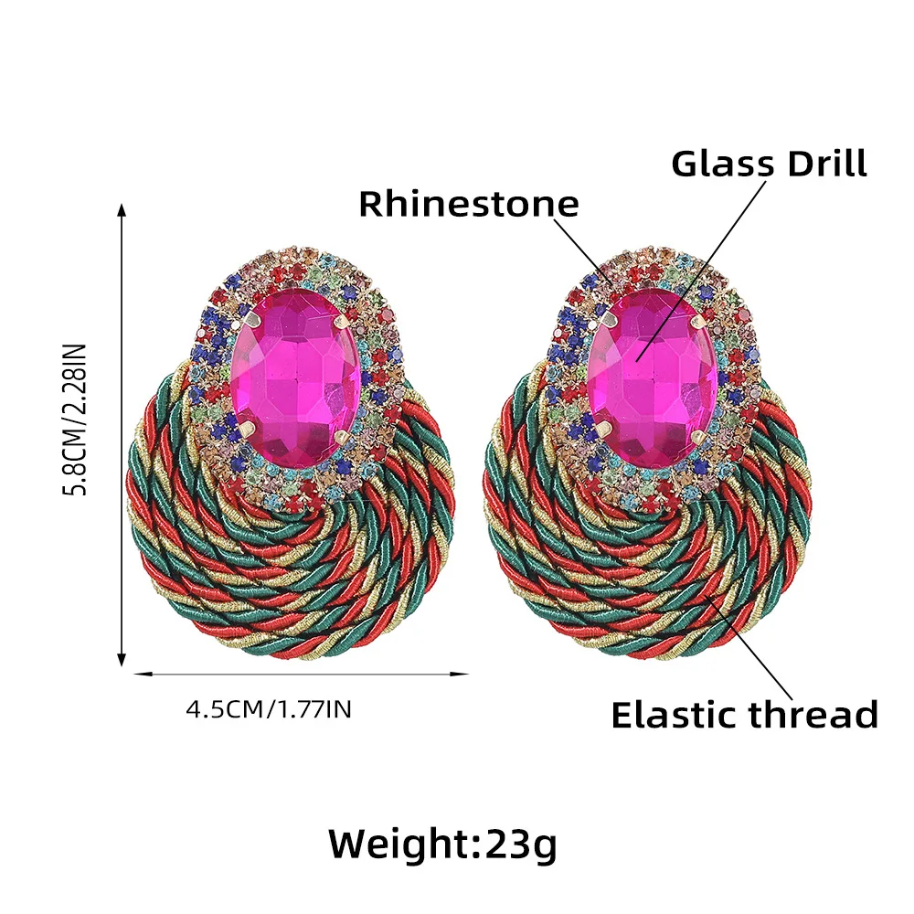 

European and American exaggerated alloy diamond oval glass diamond polyester elastic wire woven round earrings ladies earrings