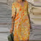 Женское винтажное платье в стиле бохо, длинное платье средней длины с принтом и V-образным вырезом, размера плюс, 40 #, 2021
