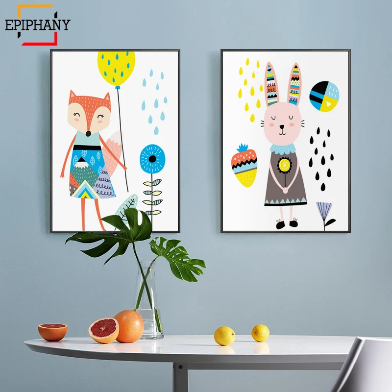 Картины на стену для детской комнаты с изображением кролика лисы леса животных