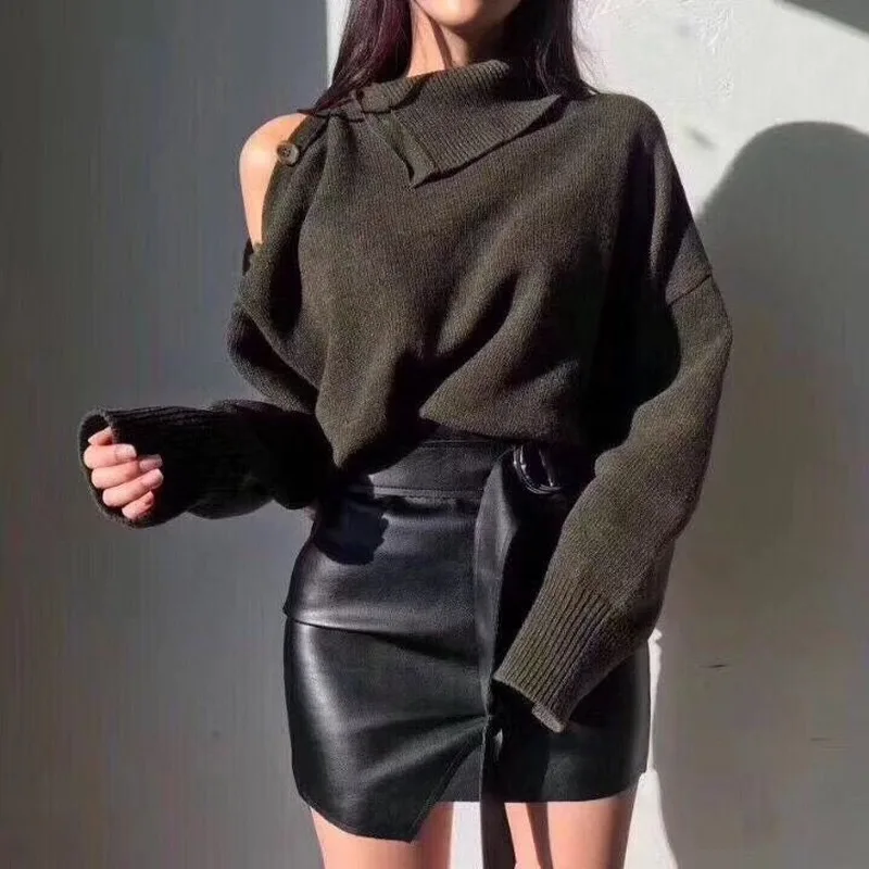 

Mazefeng New 2020 Spring Fall Women's Sweaters Pullover One shoulder Turtleneck Buttons Loose Knitted Casual Solid Tops