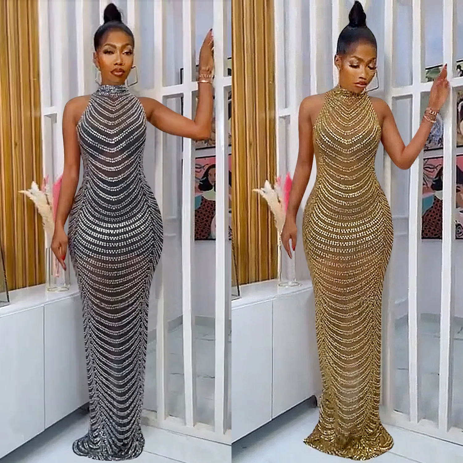 

Fashion sexy halter party dress hot drilling long skirt women