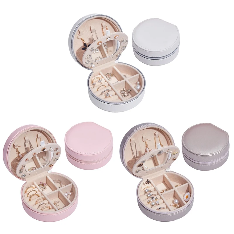 

Protable Travel Leather Mini Round Bracelet Box Earrings Necklace Organizer Display Brooch Jewelry Storage Case Women Girls Gift
