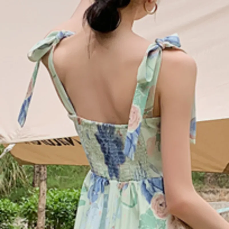 

Women Fashion Korean Casual High Waist Print Summer Party Dress Vintage Ink Printing Spaghetti Strap Sleeveless Dresses Vestios