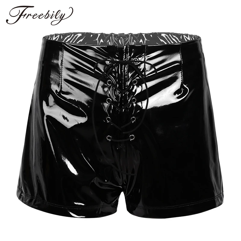 Модные женские черные мокрого вида из искусственной кожи с высокой талией