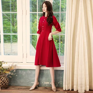 Party Dresses O-neck Ruched Botton Three Quarters Sleeves Burgundy Knee-length Zipper Simple Plus size Woman Party Dress A069