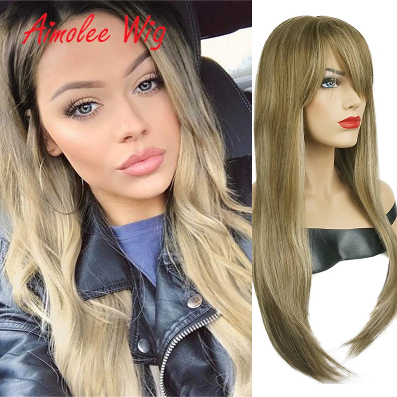 24Inch Long Natural Straight Wig with Bangs Human hair Blend Wig Synthetic Ombre Brown Blonde Highlight Black Women Wig