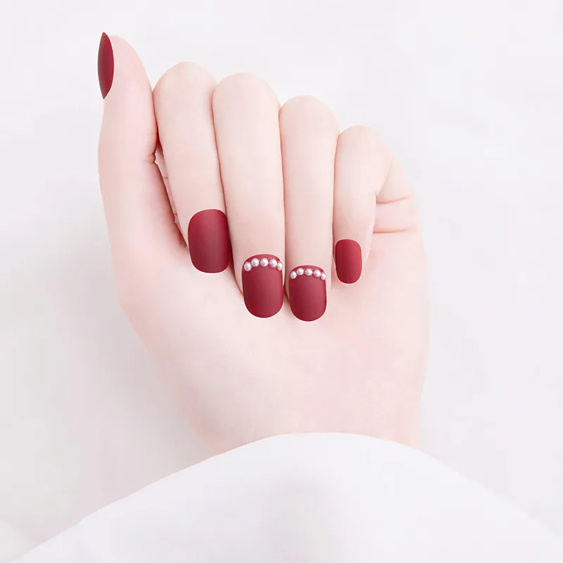 

Fake Nails Burgundy Frosted Pearls Short Wear Nail Stickers Finished Nails 24pcs With Glue STTX889
