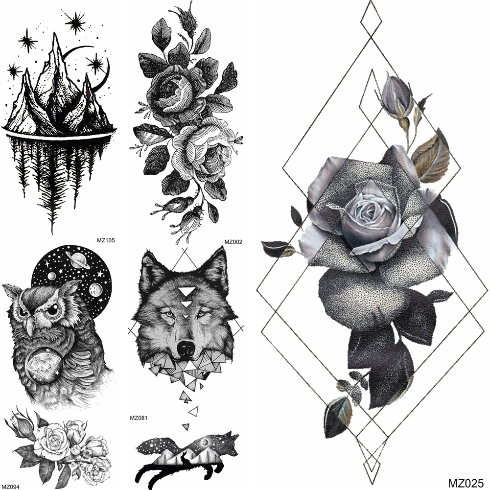 

Dot Pattern Flower Temporary Tattoos Waterproof Black Mountain Planets Tatoos Fake Owl Wolf Fashion Body Art Arm Tatoo For Adult