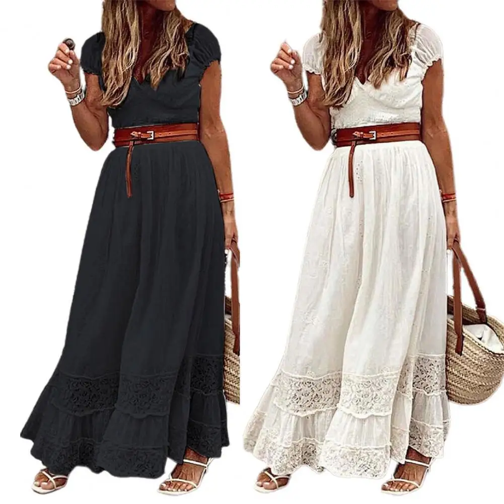 

Платье женское летнее макси с коротким рукавом, V-образным вырезом и высокой талией