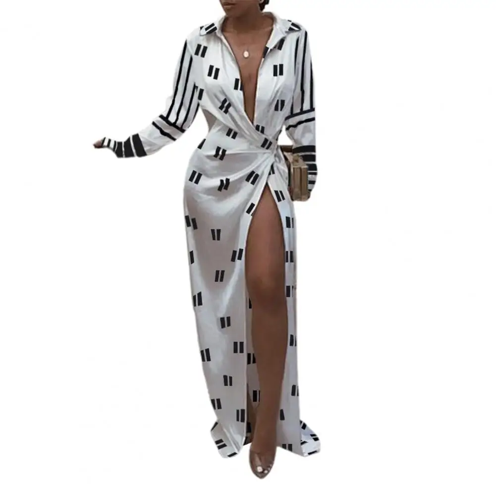 

Maxi Dress Stripe Print High Split Women Long Sleeve Lapel Mopping Dress for Party Vintage Dress