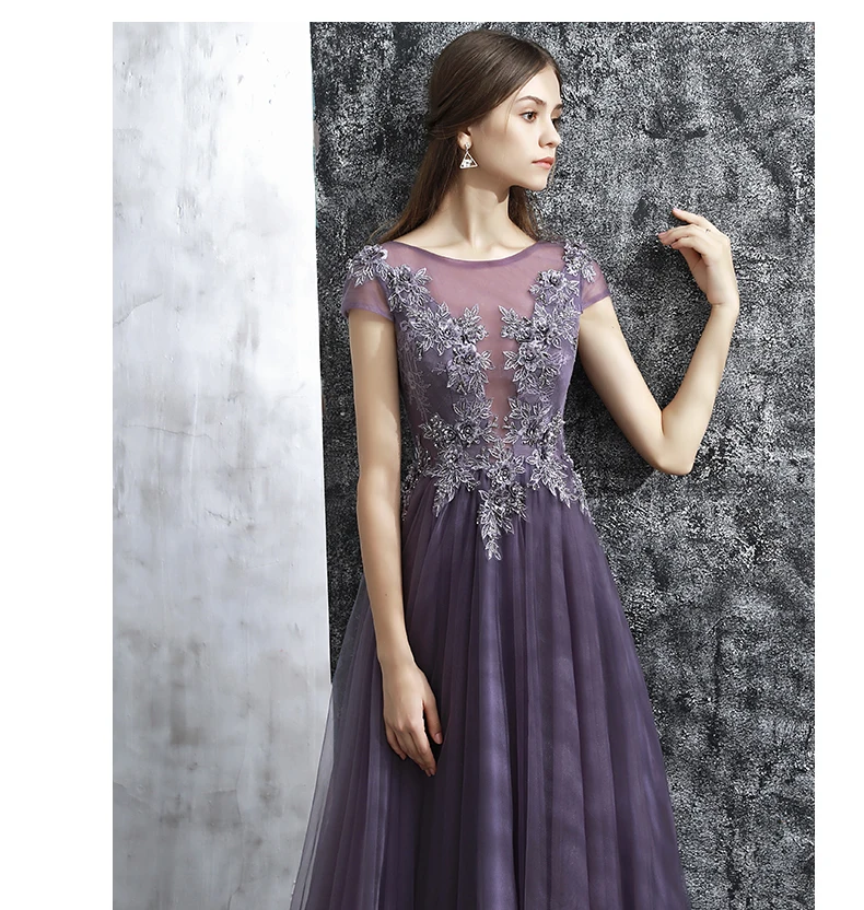Vivian's Bridal, элегантное Фиолетовое Женское вечернее платье, сексуальное, иллюзионное, Тюлевое, с круглым вырезом, с коротким рукавом, с открытой спиной, на молнии, длинные вечерние платья